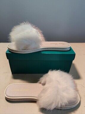New Lauren Lorraine Fluffy White Fur Slide Sandals Plush Sz L